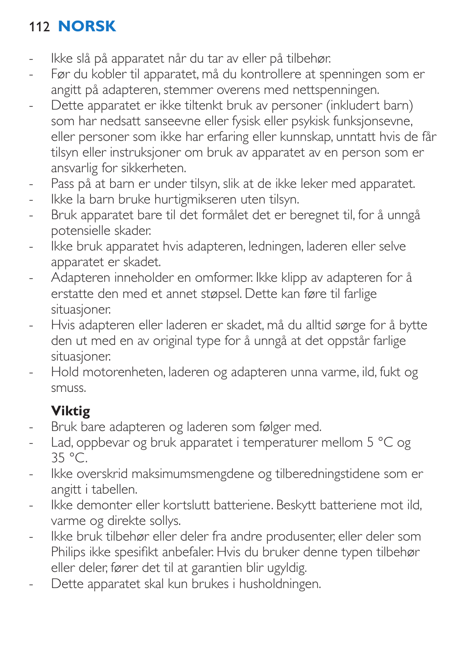 Viktig | Philips Stabmixer User Manual | Page 112 / 160