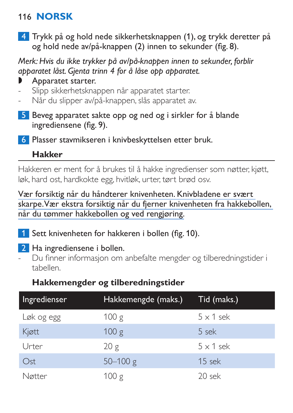 Hakker, Hakkemengder og tilberedningstider | Philips Stabmixer User Manual | Page 116 / 160