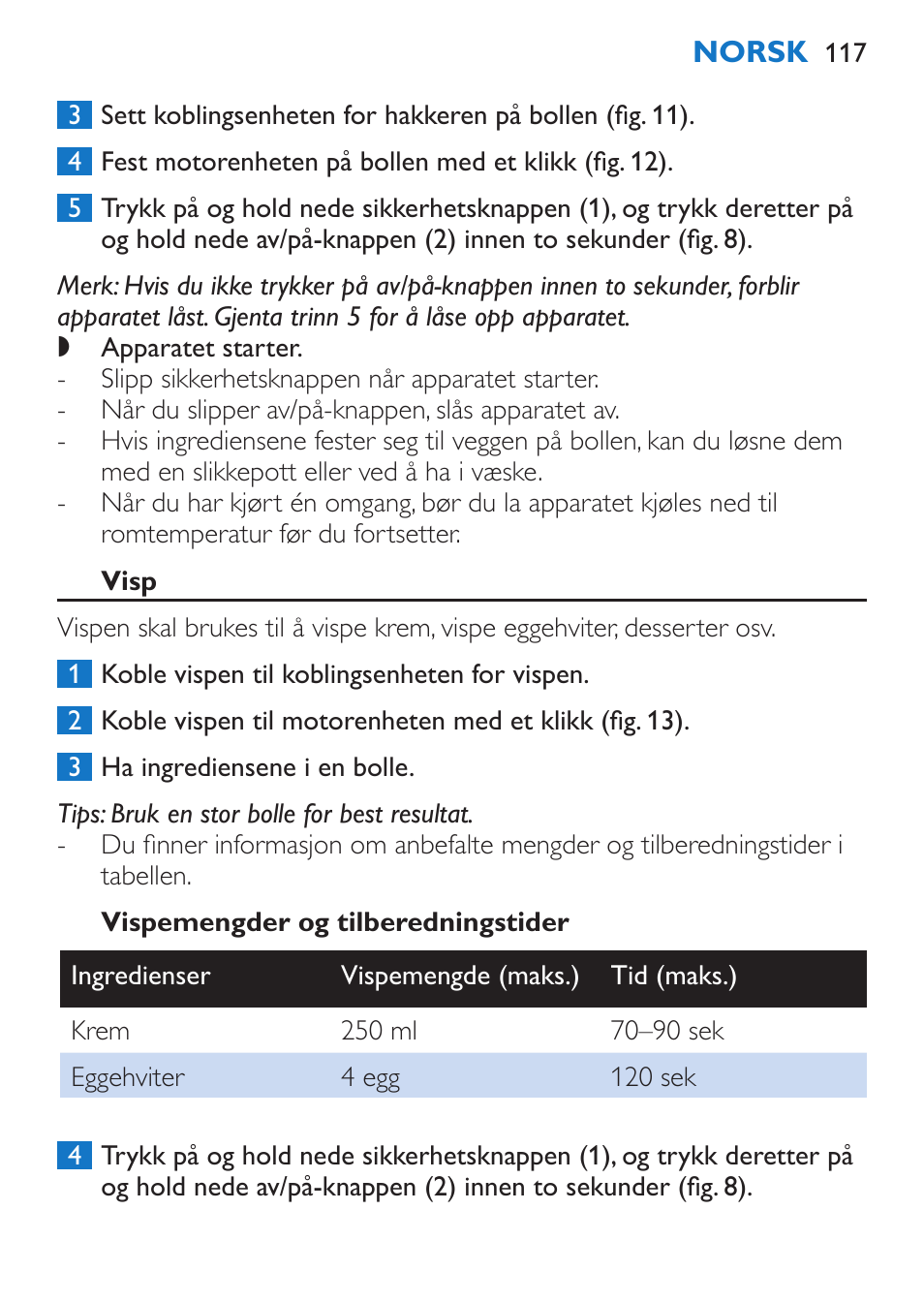 Visp, Vispemengder og tilberedningstider | Philips Stabmixer User Manual | Page 117 / 160