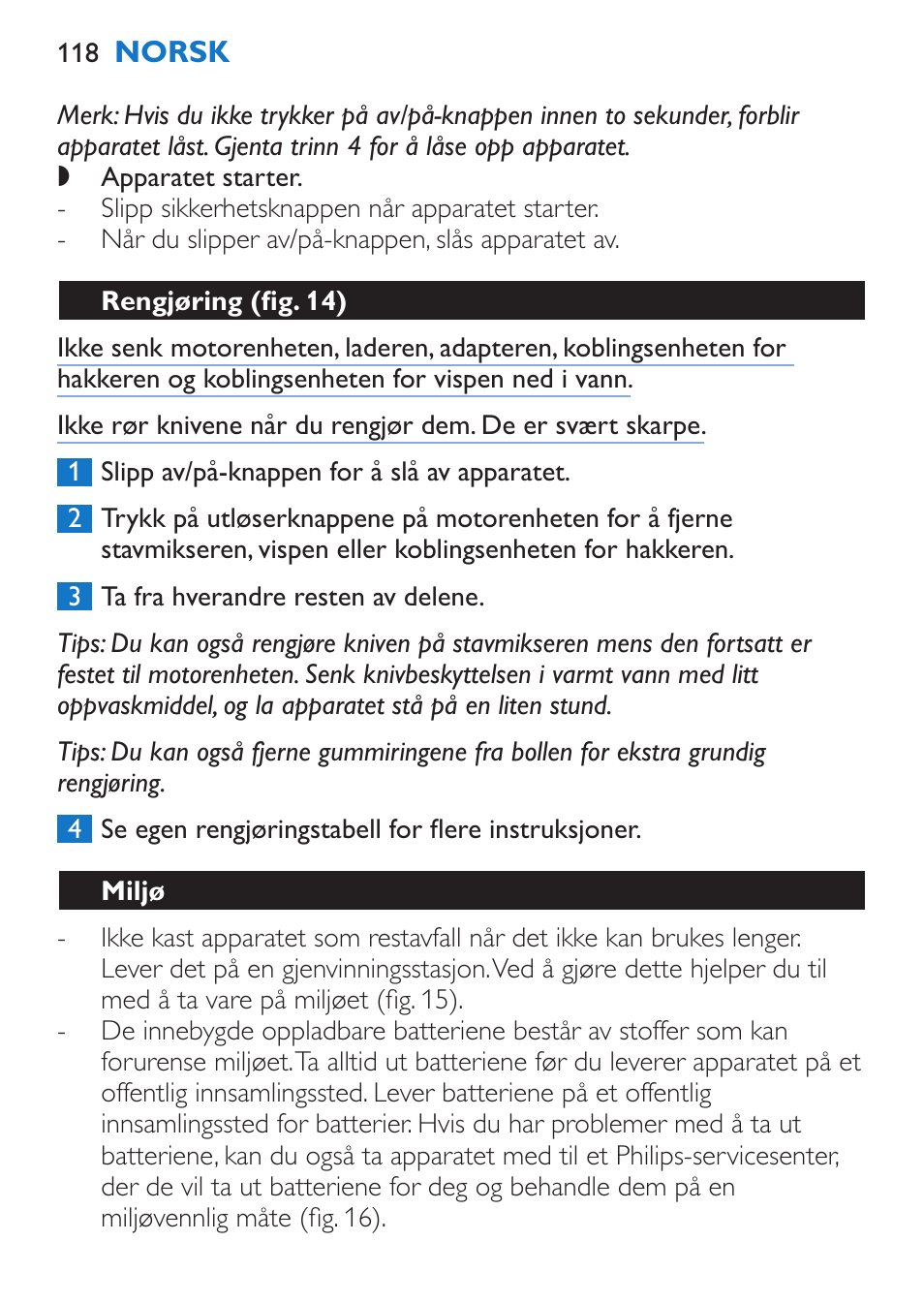 Rengjøring (fig. 14), Miljø | Philips Stabmixer User Manual | Page 118 / 160