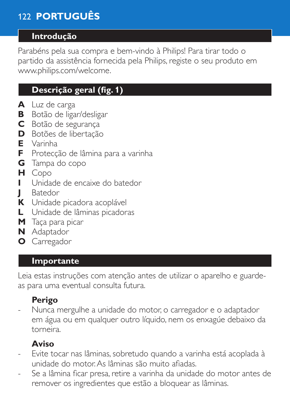 Perigo, Aviso, Português | Introdução, Descrição geral (fig. 1), Importante | Philips Stabmixer User Manual | Page 122 / 160