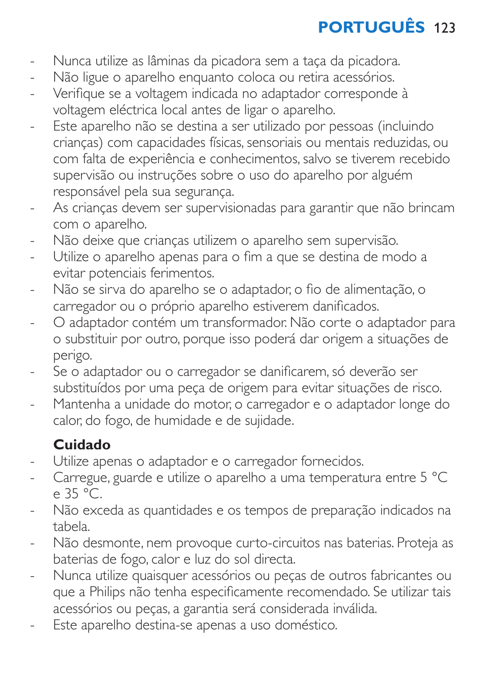 Cuidado | Philips Stabmixer User Manual | Page 123 / 160