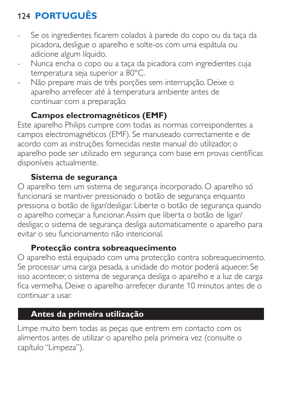 Campos electromagnéticos (emf), Sistema de segurança, Protecção contra sobreaquecimento | Antes da primeira utilização | Philips Stabmixer User Manual | Page 124 / 160