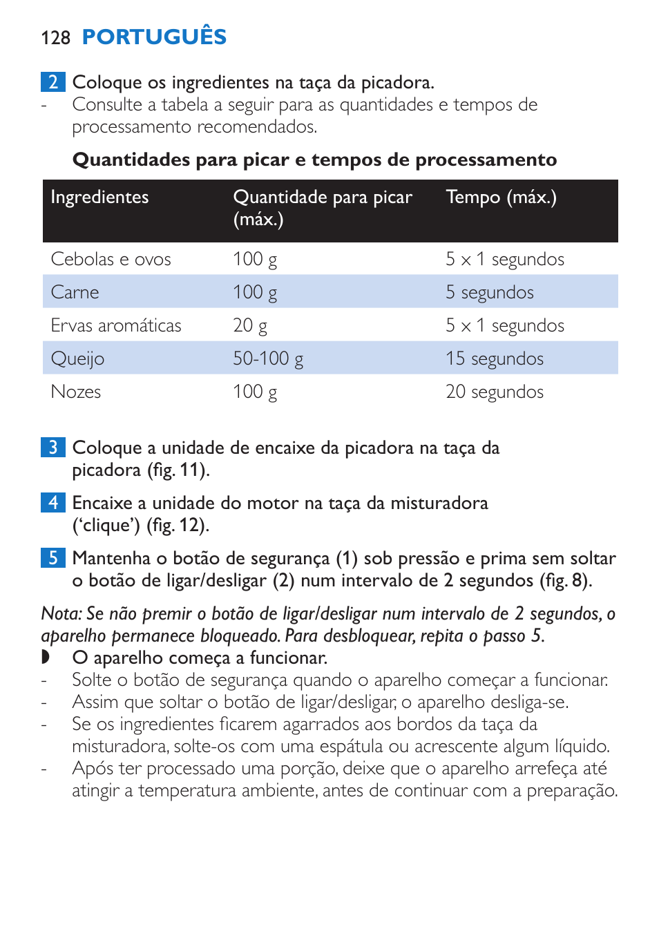 Quantidades para picar e tempos de processamento | Philips Stabmixer User Manual | Page 128 / 160