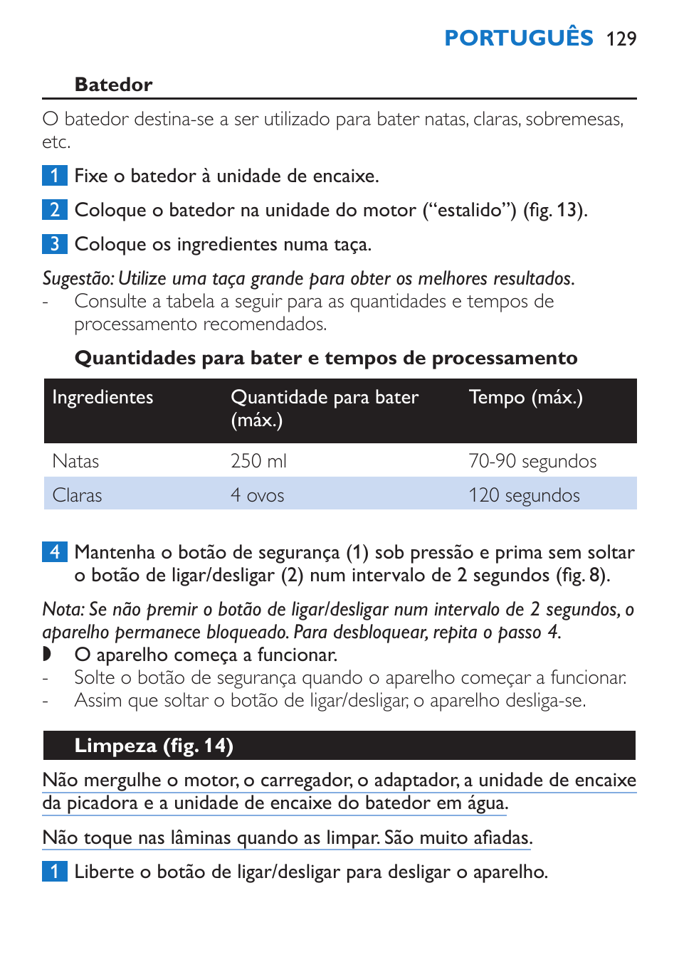 Batedor, Quantidades para bater e tempos de processamento, Limpeza (fig. 14) | Philips Stabmixer User Manual | Page 129 / 160