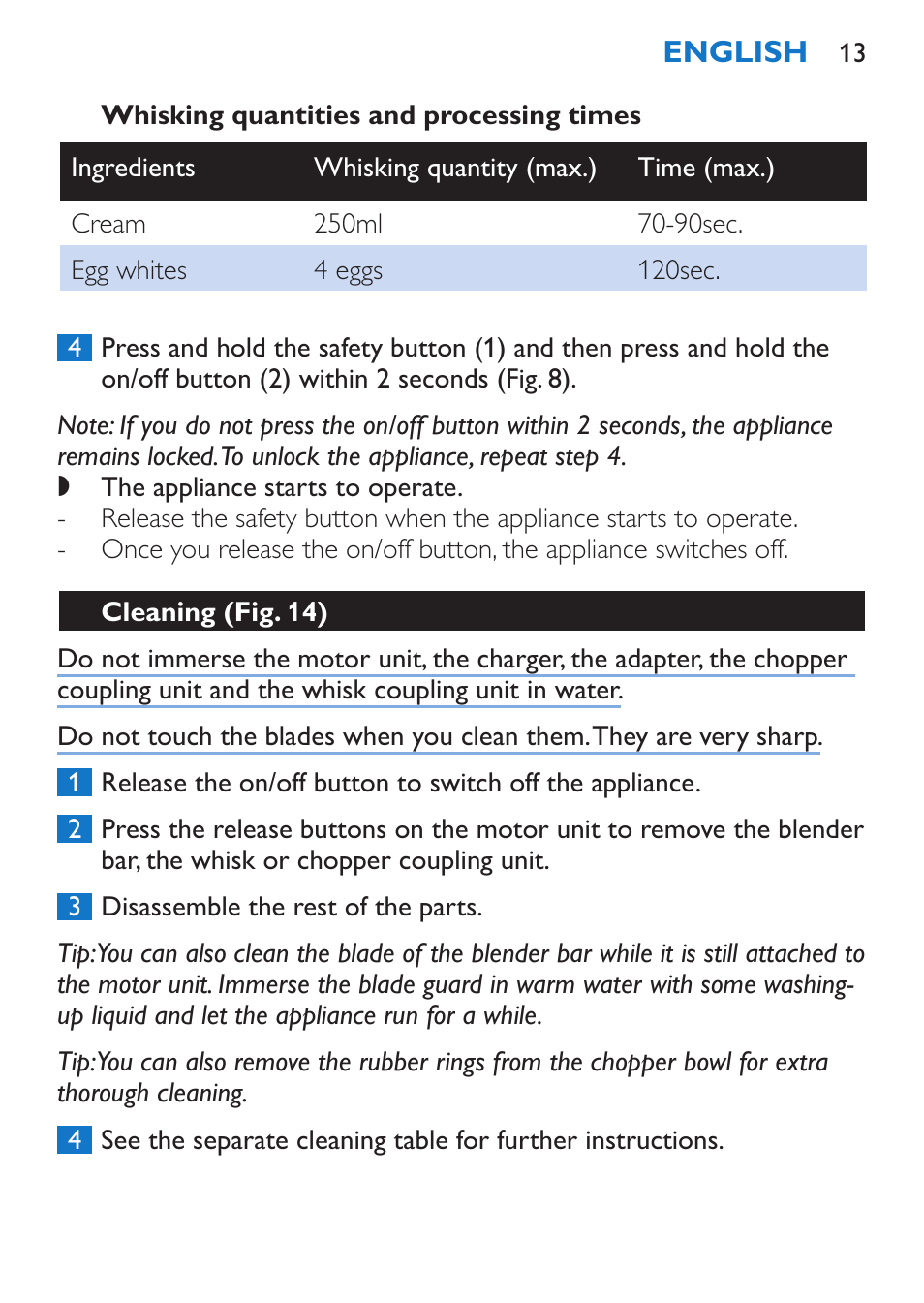 Whisking quantities and processing times, Cleaning (fig. 14) | Philips Stabmixer User Manual | Page 13 / 160