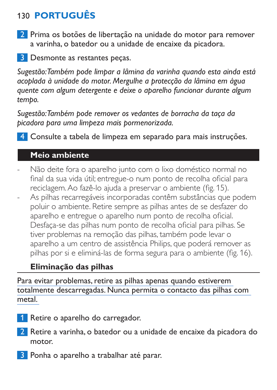 Meio ambiente, Eliminação das pilhas | Philips Stabmixer User Manual | Page 130 / 160