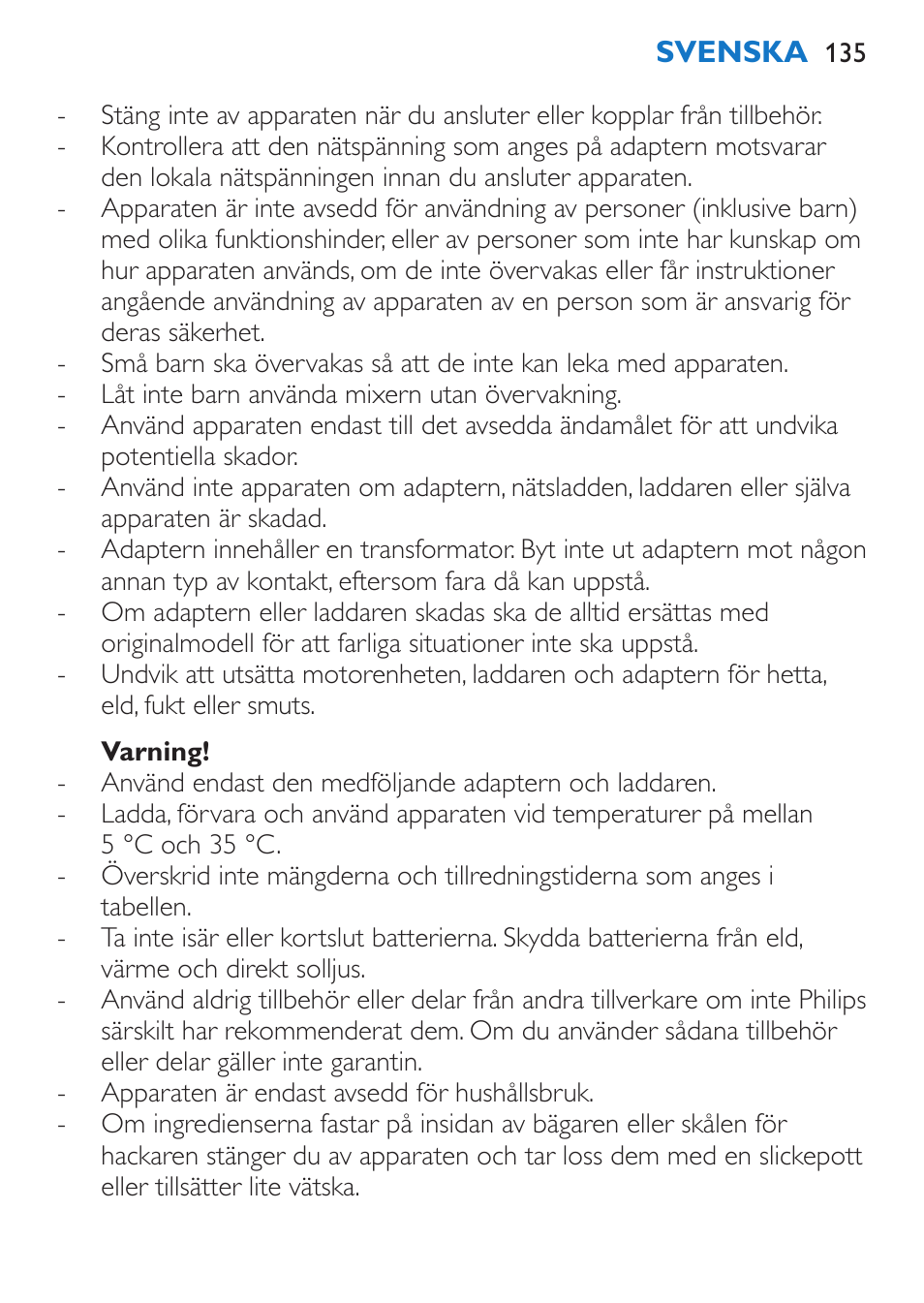 Varning | Philips Stabmixer User Manual | Page 135 / 160