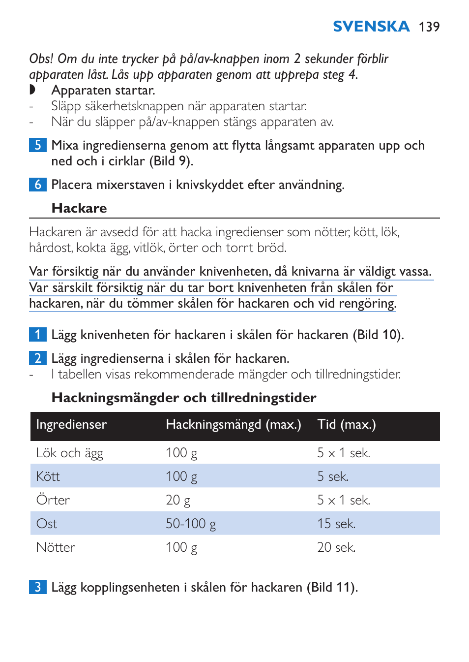 Hackare, Hackningsmängder och tillredningstider | Philips Stabmixer User Manual | Page 139 / 160