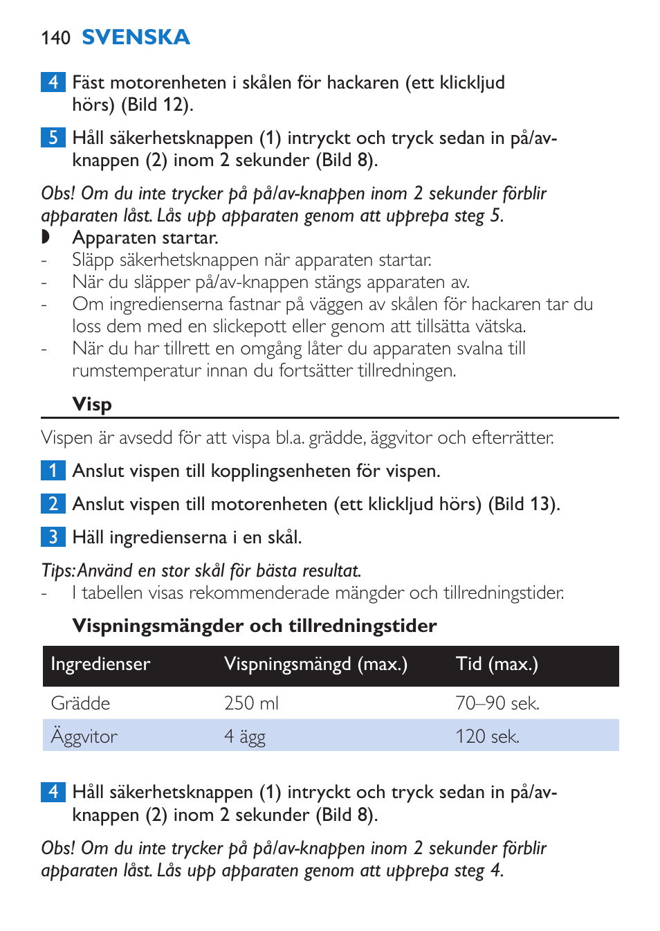 Visp, Vispningsmängder och tillredningstider, Rengöring (bild 14) | Philips Stabmixer User Manual | Page 140 / 160