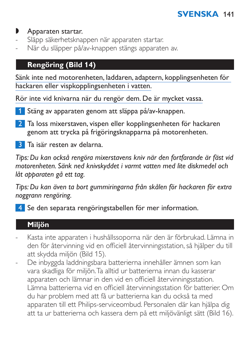 Miljön, Hantering av förbrukade batterier | Philips Stabmixer User Manual | Page 141 / 160