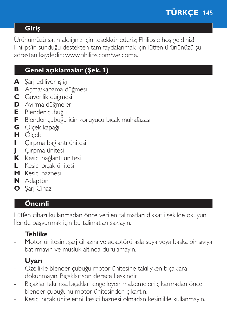 Tehlike, Uyarı, Türkçe | Giriş, Genel açıklamalar (şek. 1), Önemli | Philips Stabmixer User Manual | Page 145 / 160