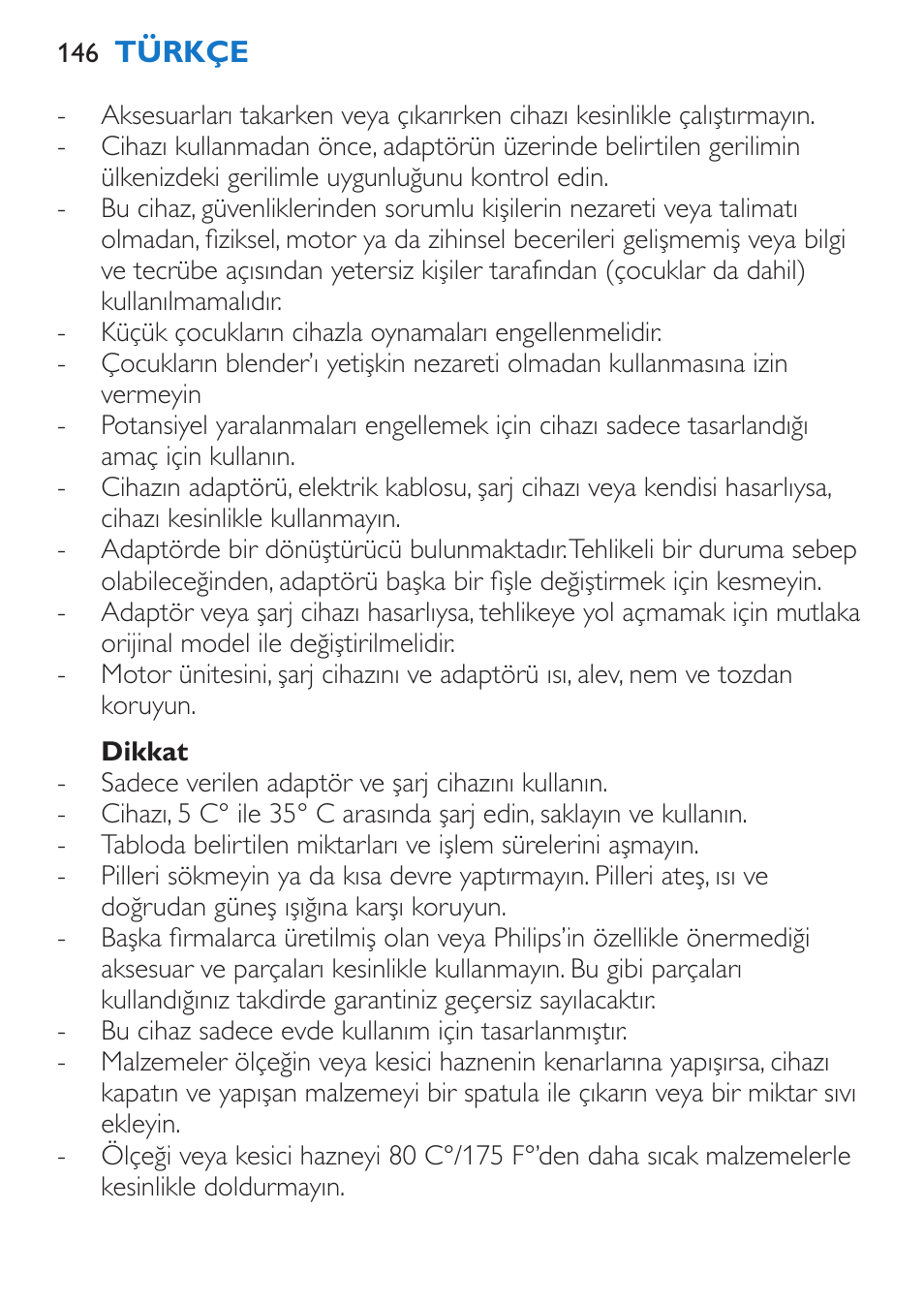 Dikkat | Philips Stabmixer User Manual | Page 146 / 160