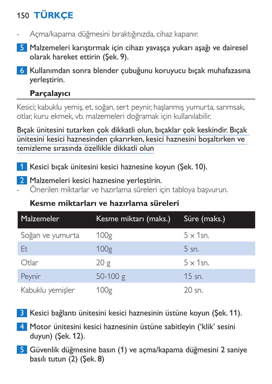 Parçalayıcı, Kesme miktarları ve hazırlama süreleri | Philips Stabmixer User Manual | Page 150 / 160