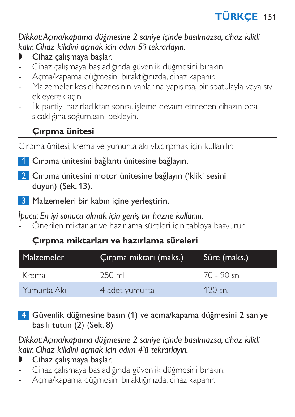 Çırpma ünitesi, Çırpma miktarları ve hazırlama süreleri | Philips Stabmixer User Manual | Page 151 / 160