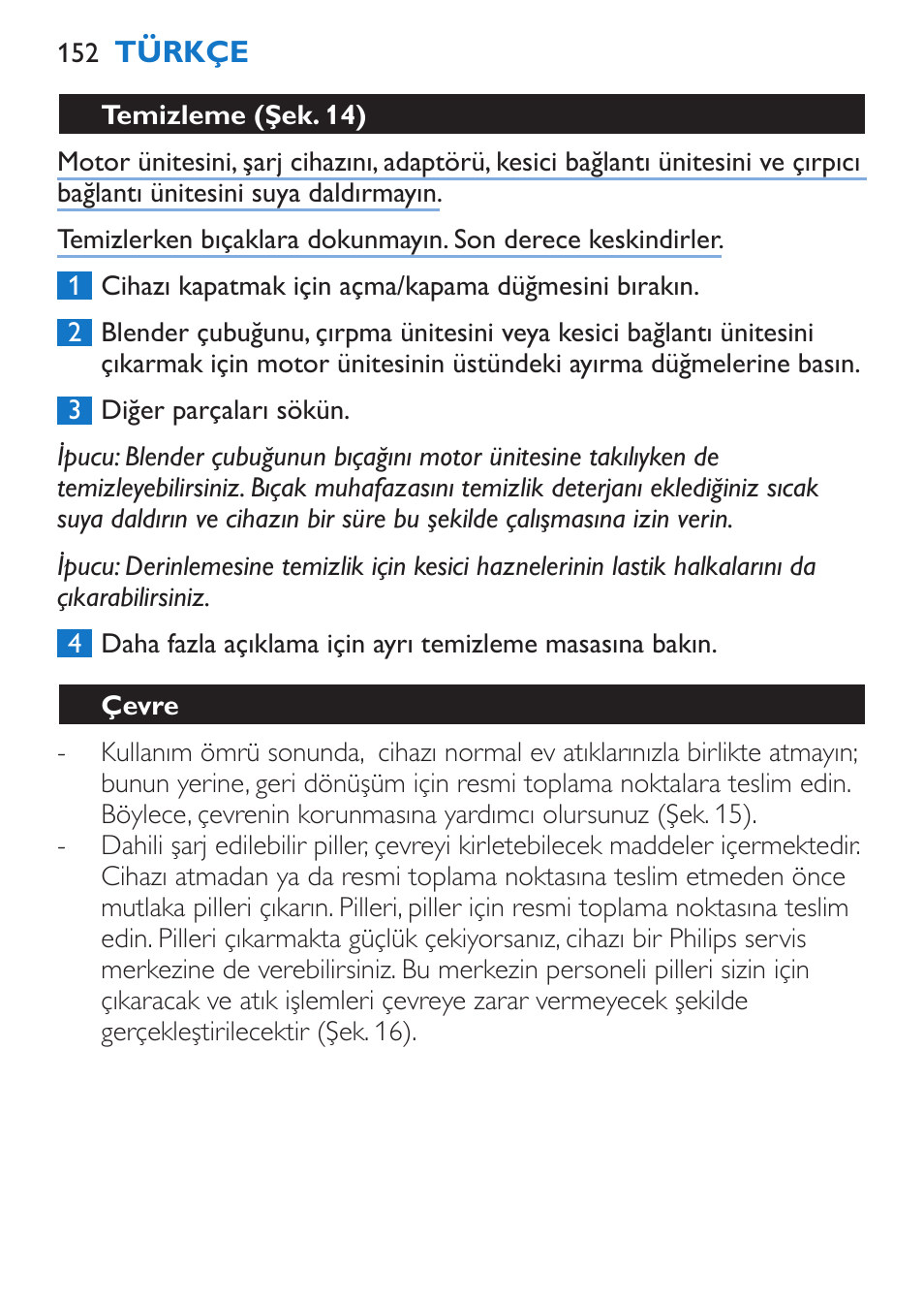 Temizleme (şek. 14), Çevre, Pillerin atılması | Philips Stabmixer User Manual | Page 152 / 160