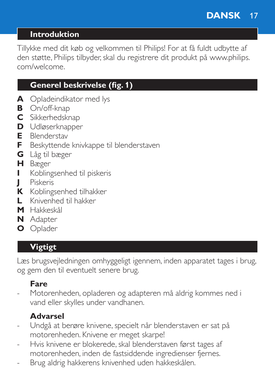 Fare, Advarsel, Dansk | Introduktion, Generel beskrivelse (fig. 1), Vigtigt | Philips Stabmixer User Manual | Page 17 / 160