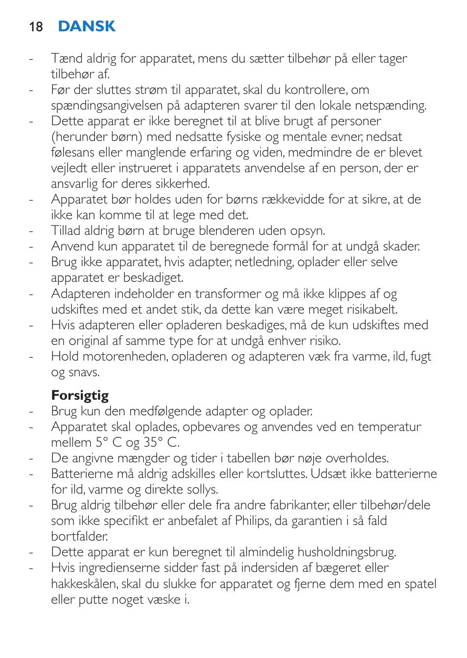 Forsigtig | Philips Stabmixer User Manual | Page 18 / 160