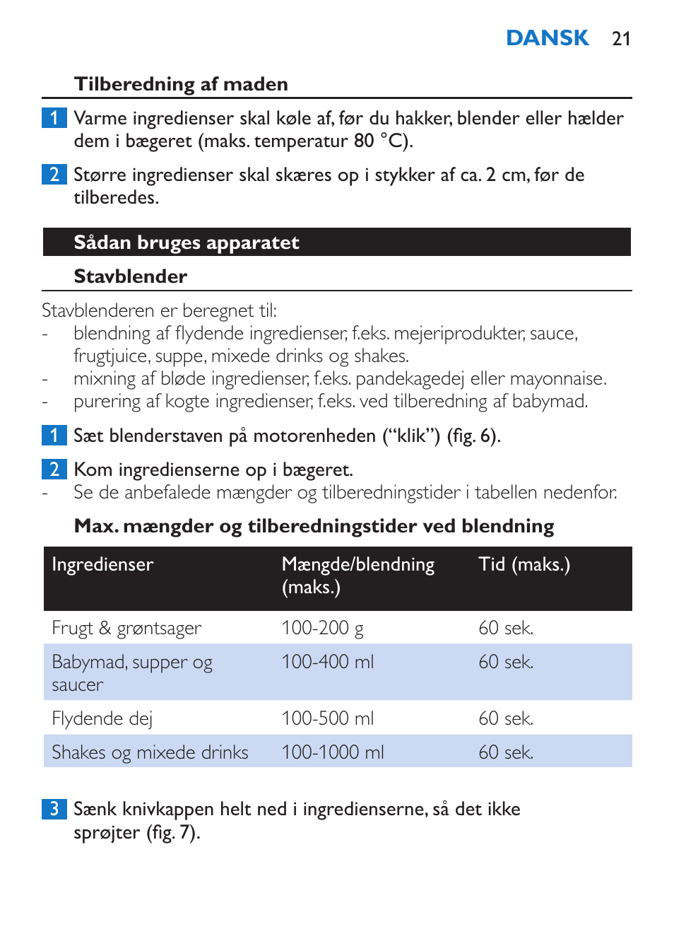 Tilberedning af maden, Sådan bruges apparatet, Stavblender | Max. mængder og tilberedningstider ved blendning | Philips Stabmixer User Manual | Page 21 / 160