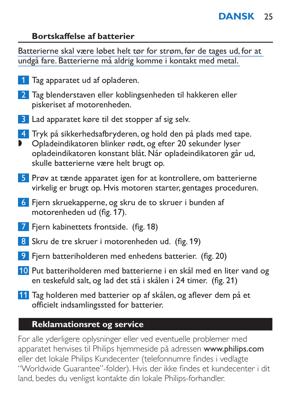 Bortskaffelse af batterier, Reklamationsret og service | Philips Stabmixer User Manual | Page 25 / 160