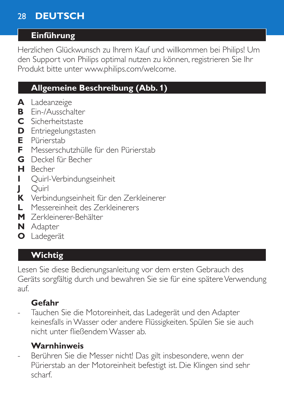 Gefahr, Warnhinweis, Deutsch | Einführung, Allgemeine beschreibung (abb. 1), Wichtig | Philips Stabmixer User Manual | Page 28 / 160