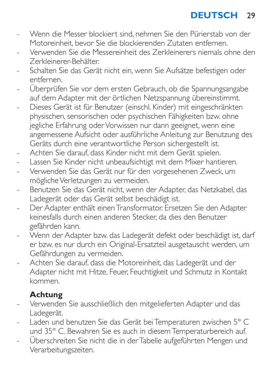 Achtung | Philips Stabmixer User Manual | Page 29 / 160