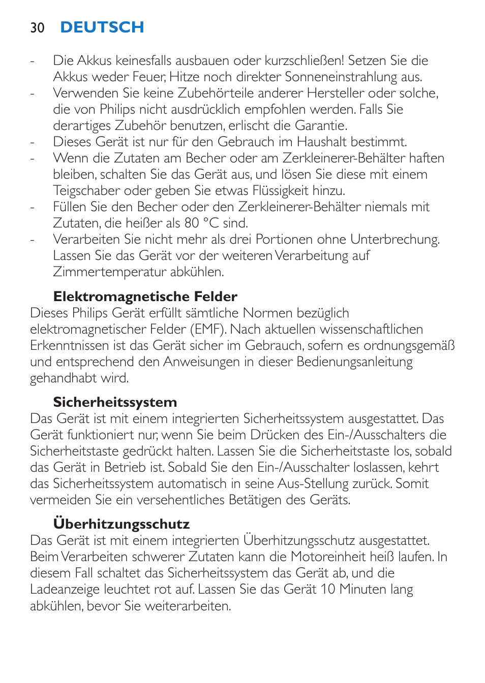 Elektromagnetische felder, Sicherheitssystem, Überhitzungsschutz | Philips Stabmixer User Manual | Page 30 / 160