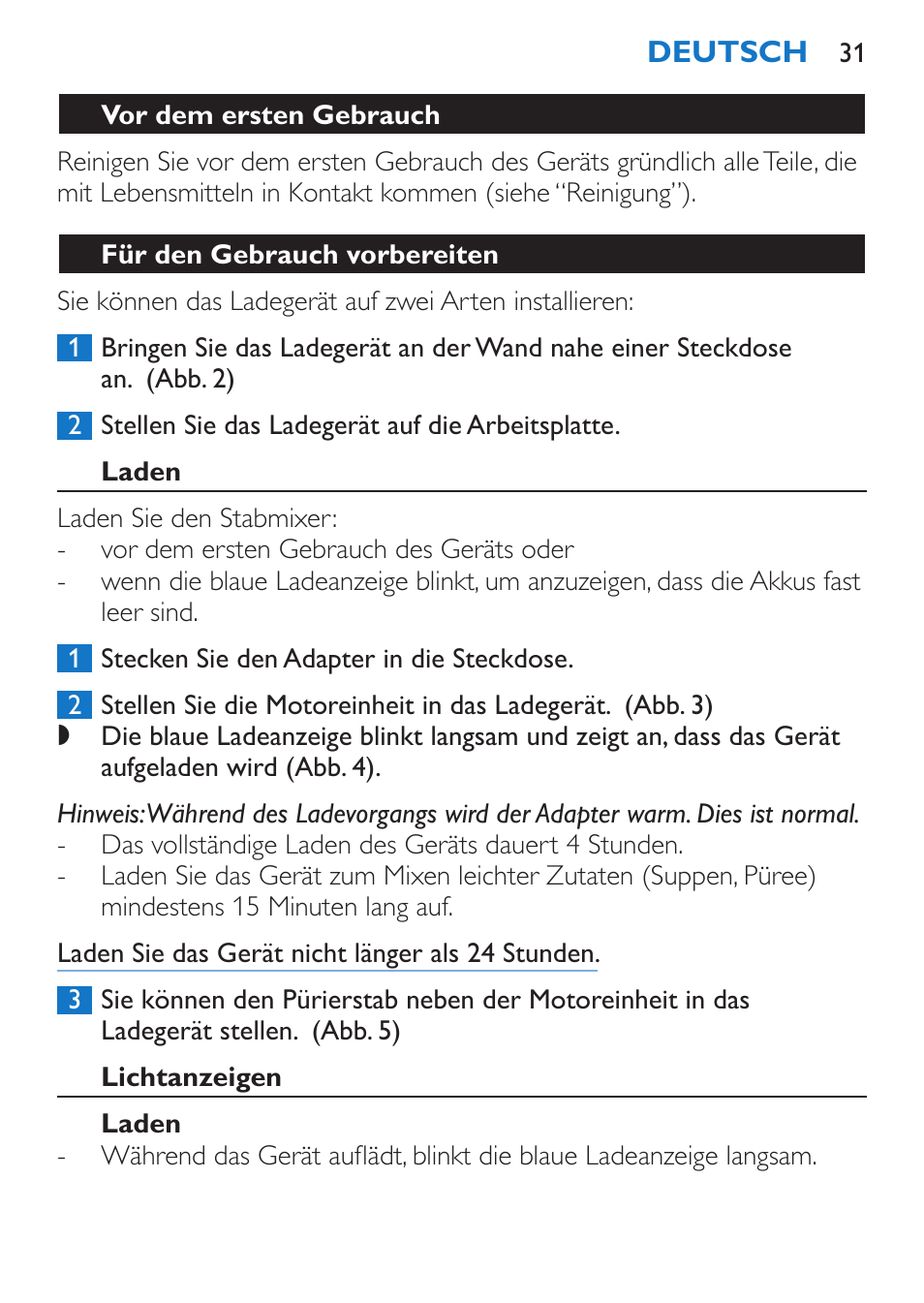 Vor dem ersten gebrauch, Für den gebrauch vorbereiten, Laden | Lichtanzeigen | Philips Stabmixer User Manual | Page 31 / 160