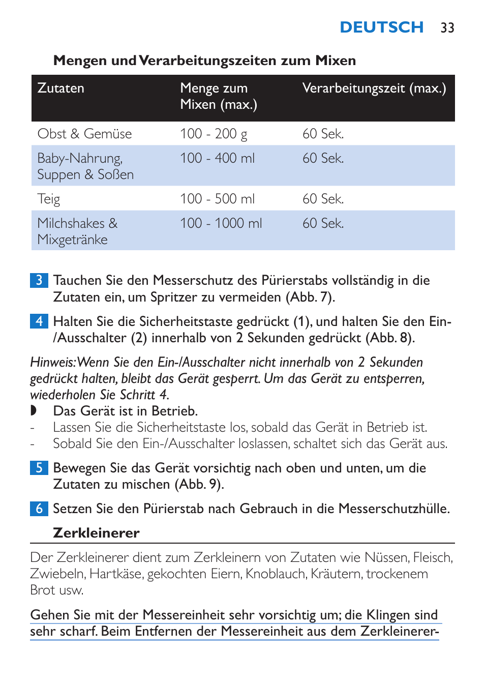 Mengen und verarbeitungszeiten zum mixen, Zerkleinerer | Philips Stabmixer User Manual | Page 33 / 160