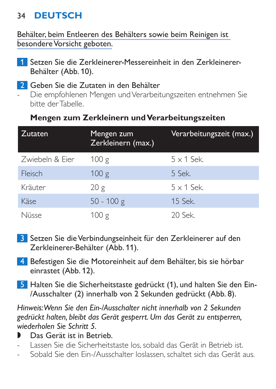 Mengen zum zerkleinern und verarbeitungszeiten | Philips Stabmixer User Manual | Page 34 / 160