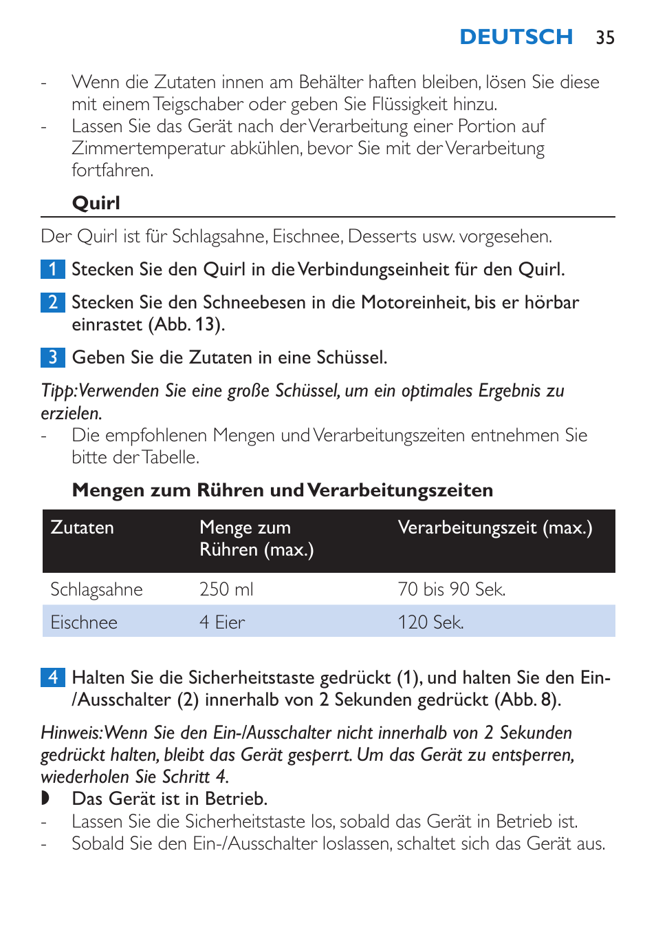 Quirl, Mengen zum rühren und verarbeitungszeiten | Philips Stabmixer User Manual | Page 35 / 160