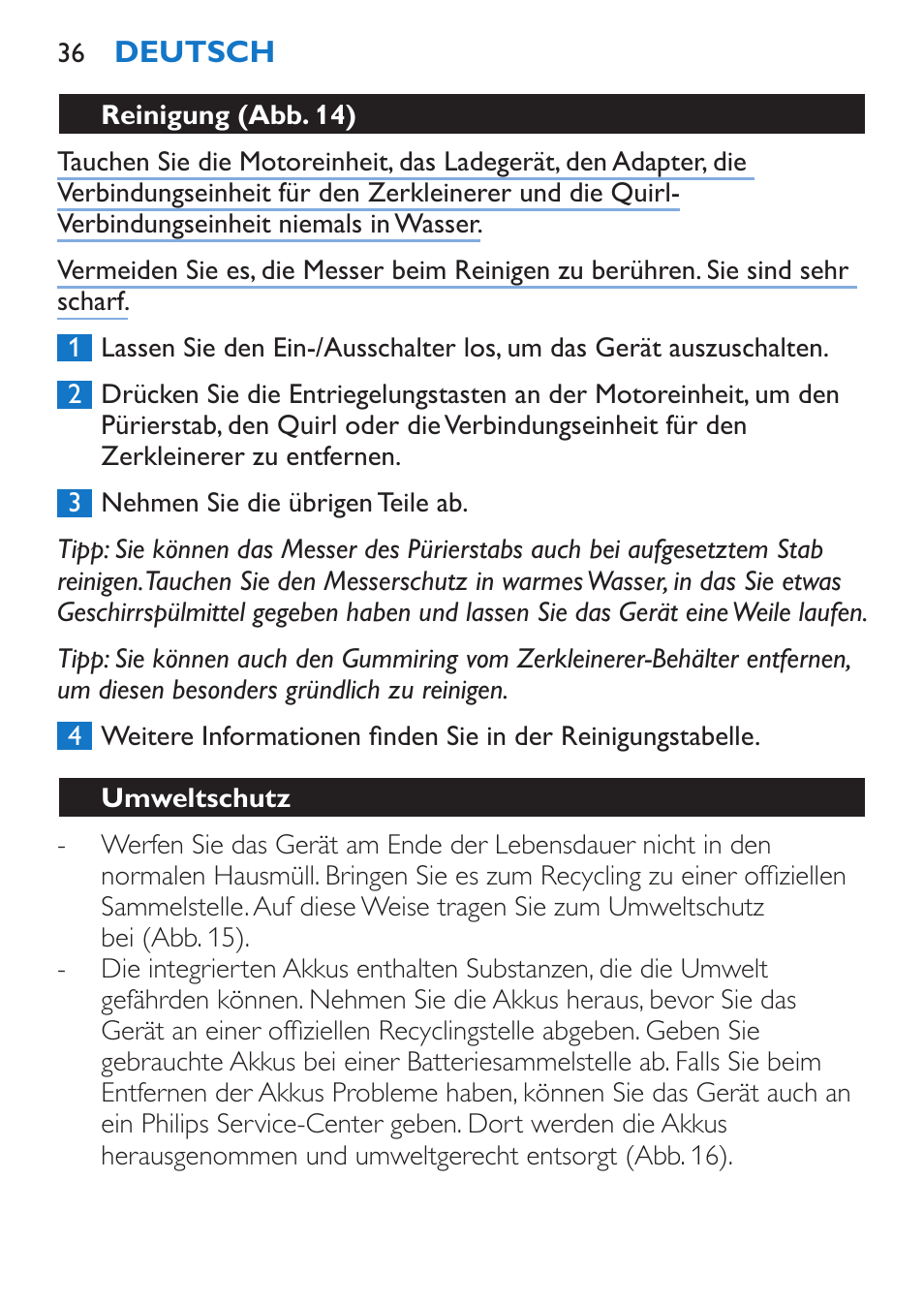 Reinigung (abb. 14), Umweltschutz | Philips Stabmixer User Manual | Page 36 / 160