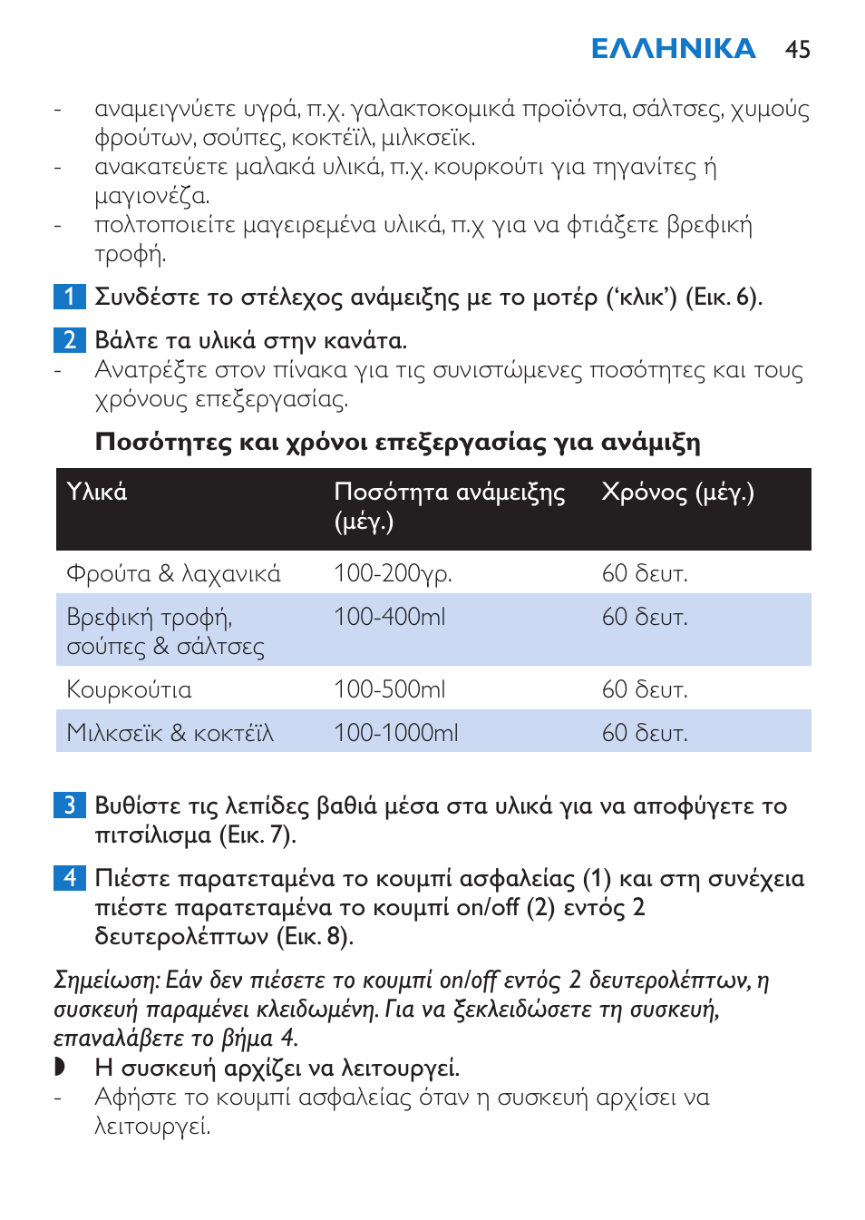 Ποσότητες και χρόνοι επεξεργασίας για ανάμιξη | Philips Stabmixer User Manual | Page 45 / 160