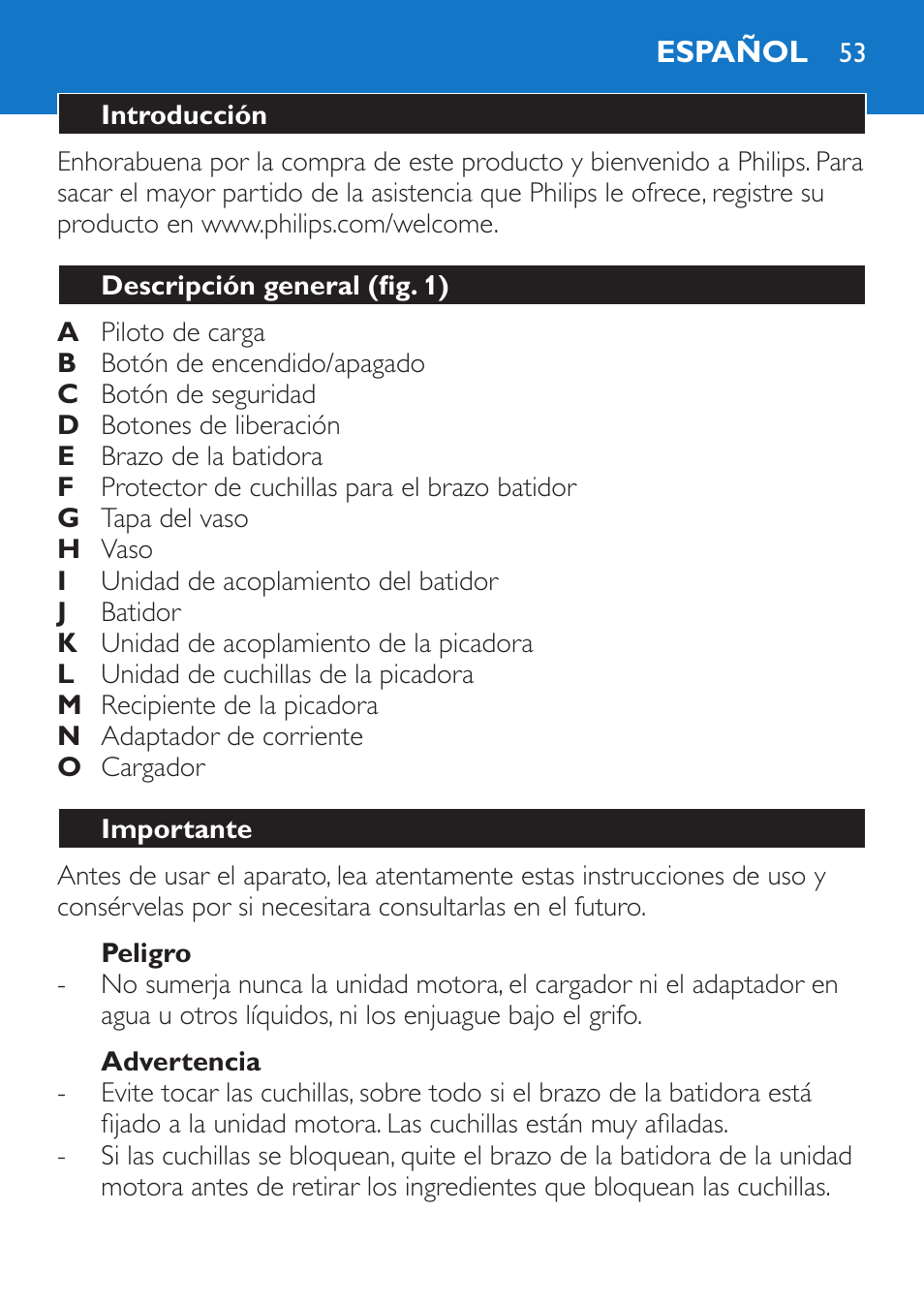 Peligro, Advertencia, Español | Introducción, Descripción general (fig. 1), Importante | Philips Stabmixer User Manual | Page 53 / 160