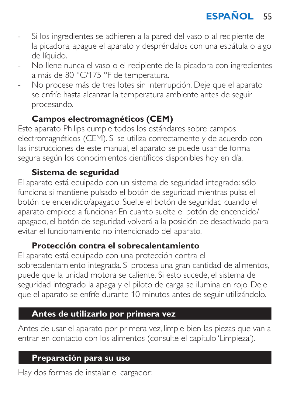 Campos electromagnéticos (cem), Sistema de seguridad, Protección contra el sobrecalentamiento | Antes de utilizarlo por primera vez, Preparación para su uso | Philips Stabmixer User Manual | Page 55 / 160