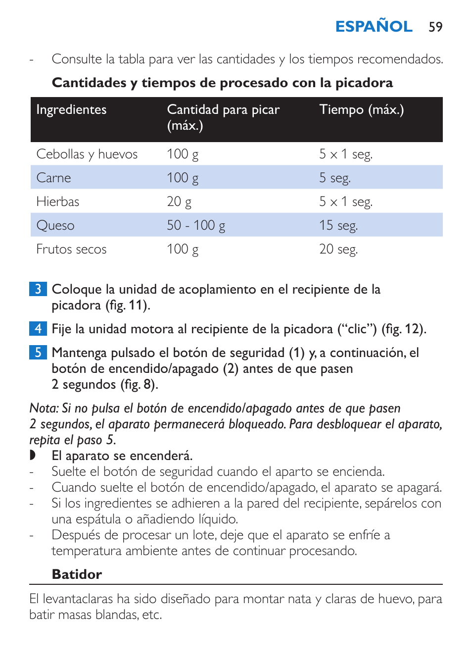 Cantidades y tiempos de procesado con la picadora, Batidor | Philips Stabmixer User Manual | Page 59 / 160