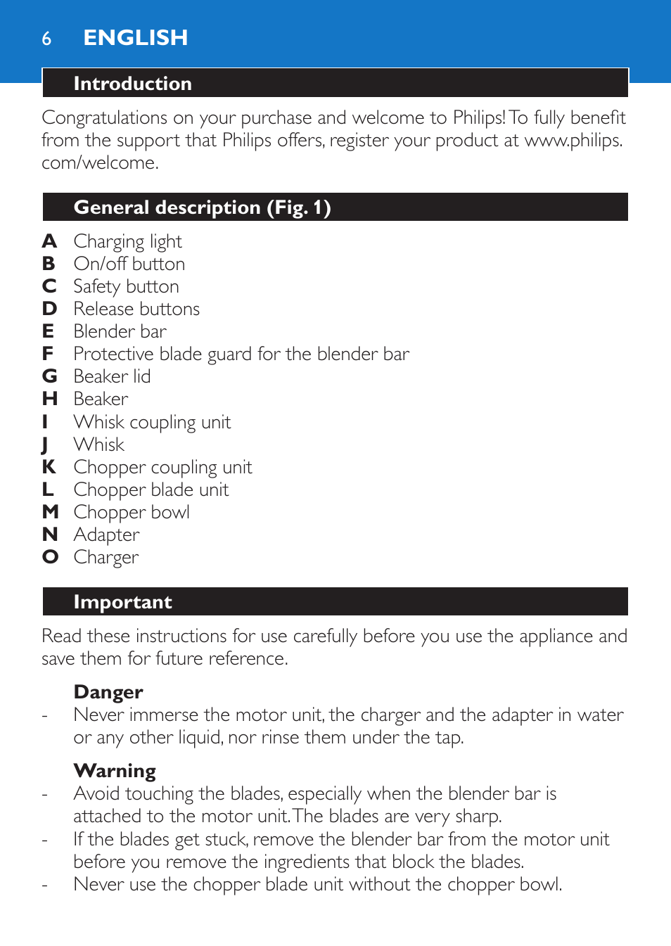 English, Introduction, General description (fig. 1) | Important, Danger, Warning | Philips Stabmixer User Manual | Page 6 / 160