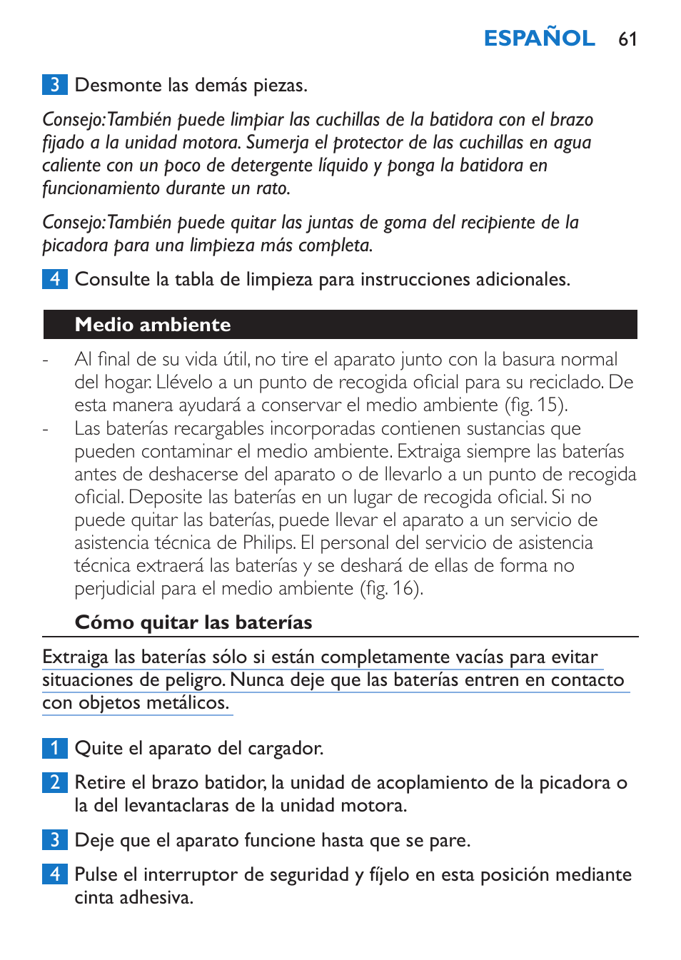 Medio ambiente, Cómo quitar las baterías | Philips Stabmixer User Manual | Page 61 / 160