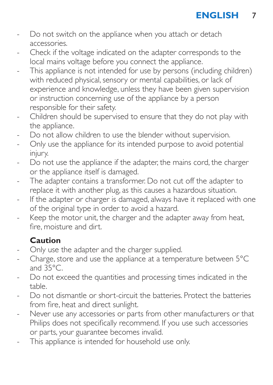 Caution | Philips Stabmixer User Manual | Page 7 / 160