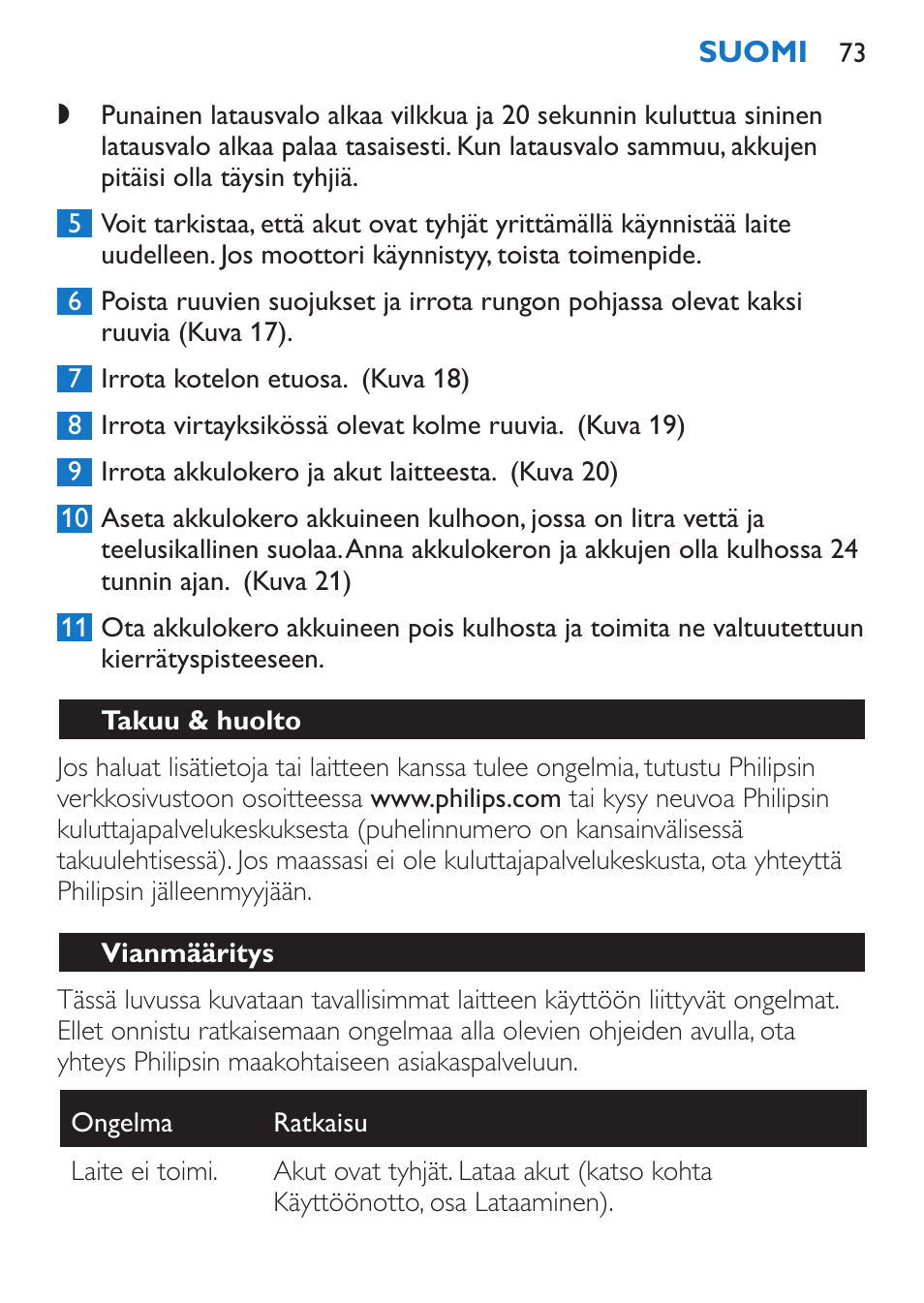 Takuu & huolto, Vianmääritys | Philips Stabmixer User Manual | Page 73 / 160