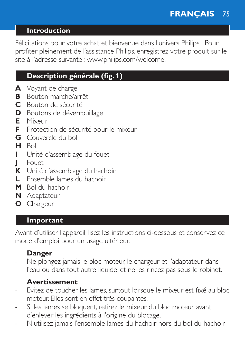 Danger, Avertissement, Français | Introduction, Description générale (fig. 1), Important | Philips Stabmixer User Manual | Page 75 / 160