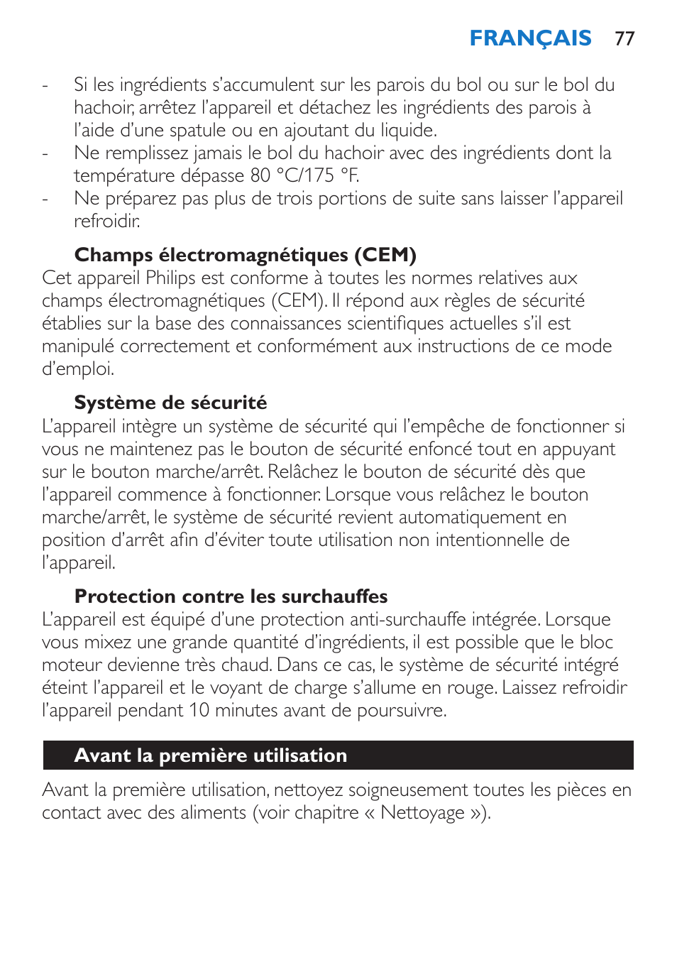 Champs électromagnétiques (cem), Système de sécurité, Protection contre les surchauffes | Avant la première utilisation, Avant l’utilisation | Philips Stabmixer User Manual | Page 77 / 160