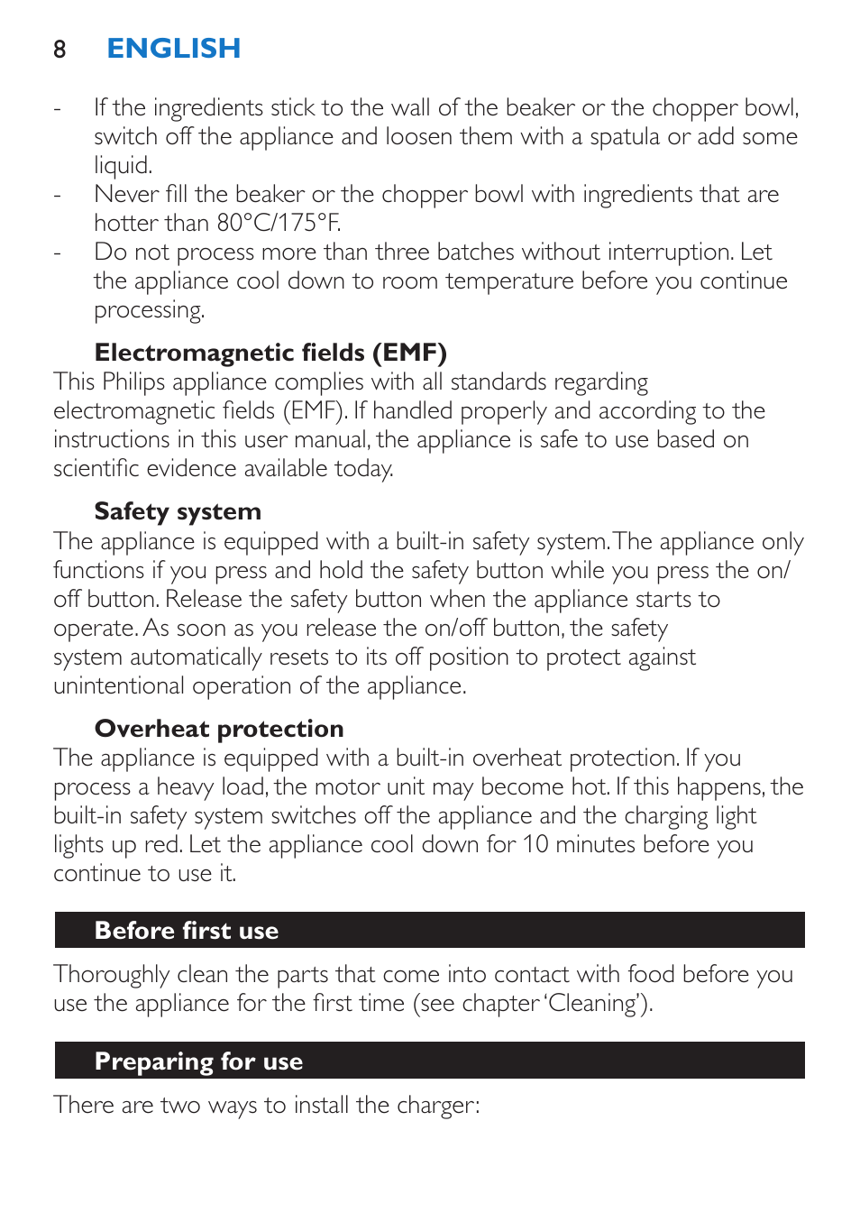 Electromagnetic fields (emf), Safety system, Overheat protection | Before first use, Preparing for use | Philips Stabmixer User Manual | Page 8 / 160