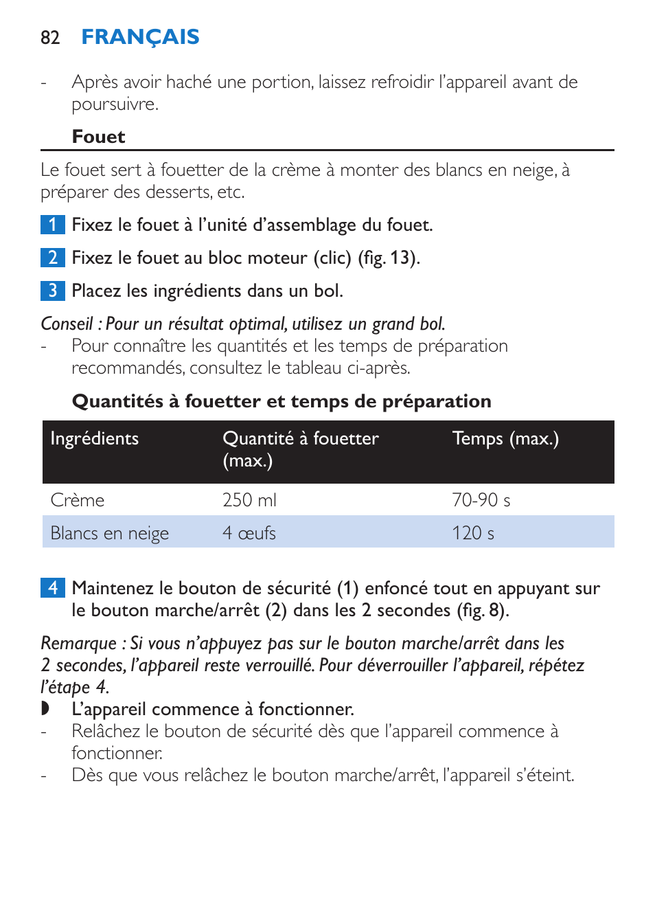 Fouet, Quantités à fouetter et temps de préparation, Nettoyage (fig. 14) | Philips Stabmixer User Manual | Page 82 / 160