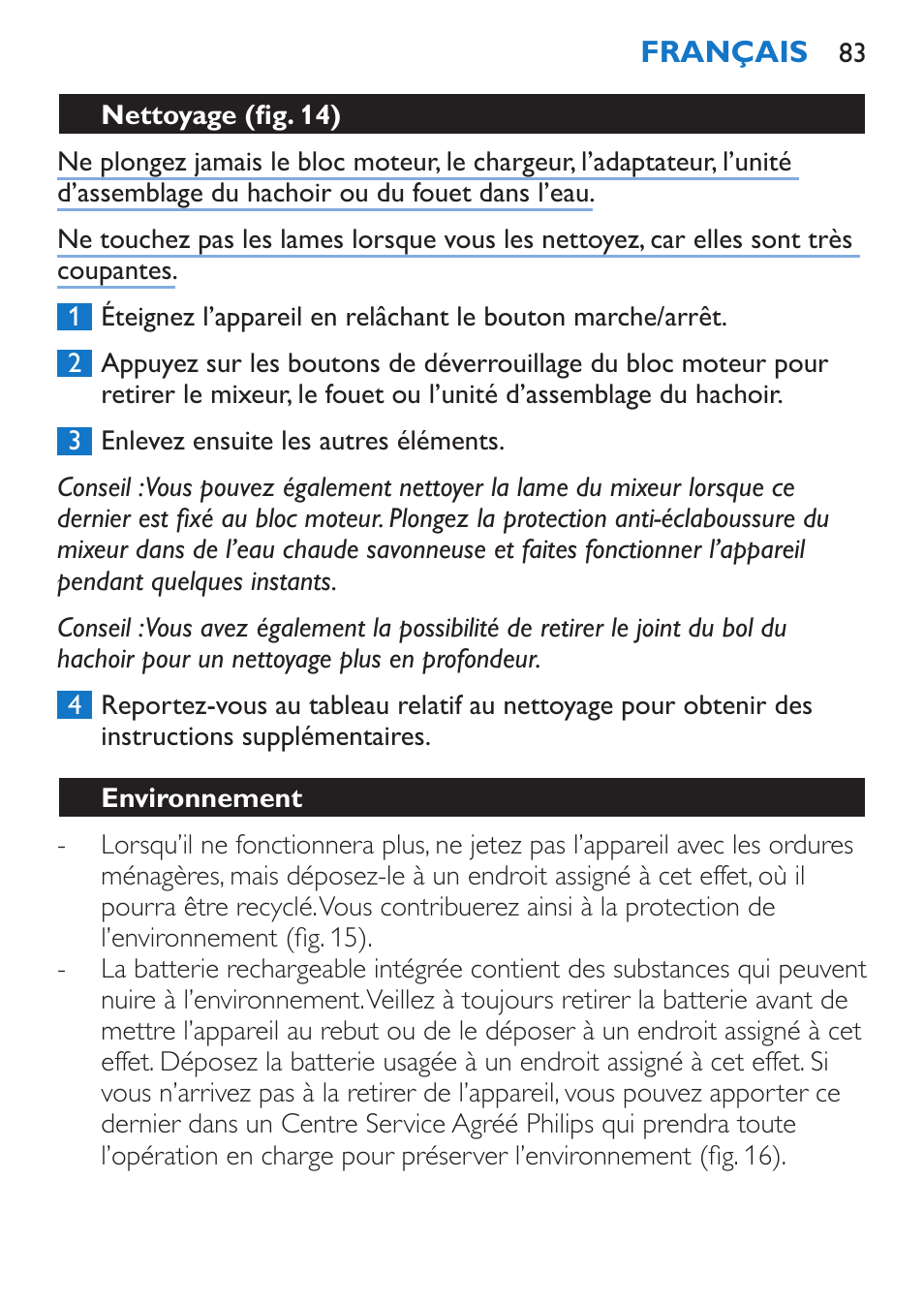 Environnement, Mise au rebut de la batterie | Philips Stabmixer User Manual | Page 83 / 160