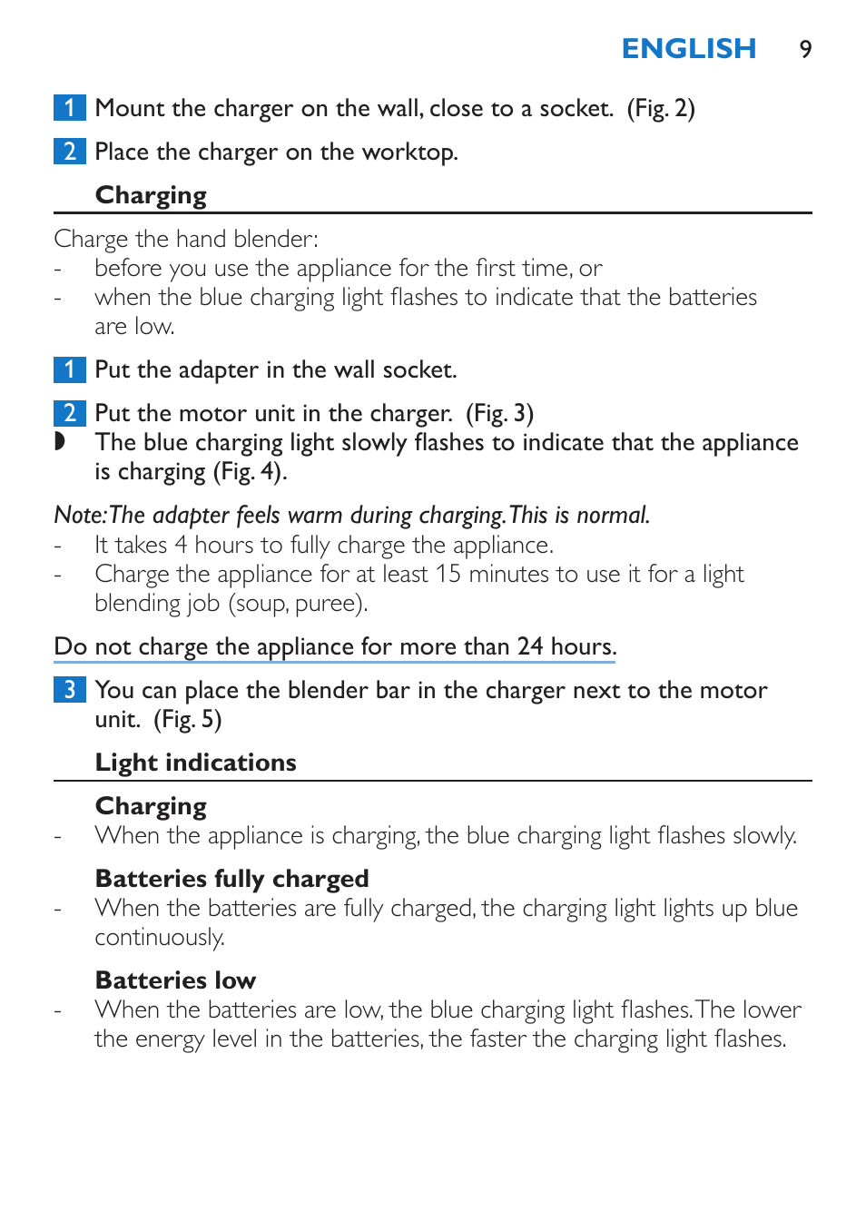 Charging, Light indications, Batteries fully charged | Batteries low | Philips Stabmixer User Manual | Page 9 / 160