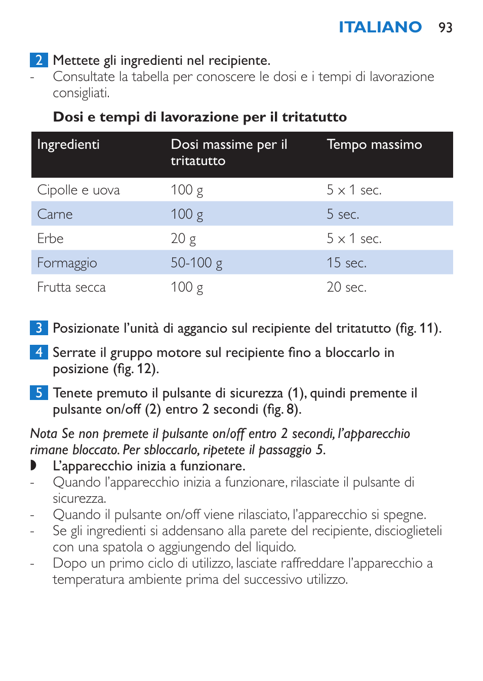 Dosi e tempi di lavorazione per il tritatutto, Frullino | Philips Stabmixer User Manual | Page 93 / 160