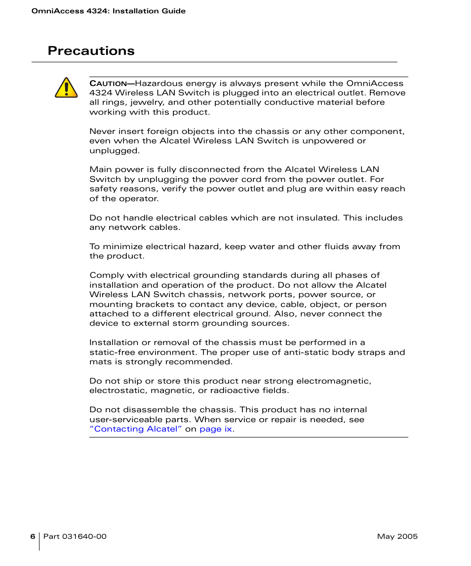 Precautions | Alcatel Carrier Internetworking Solutions Alcatel OmniAccess 4324 User Manual | Page 20 / 44