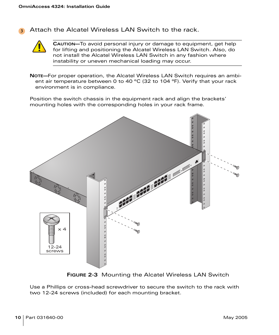 Attach the alcatel wireless lan switch to the rack | Alcatel Carrier Internetworking Solutions Alcatel OmniAccess 4324 User Manual | Page 24 / 44
