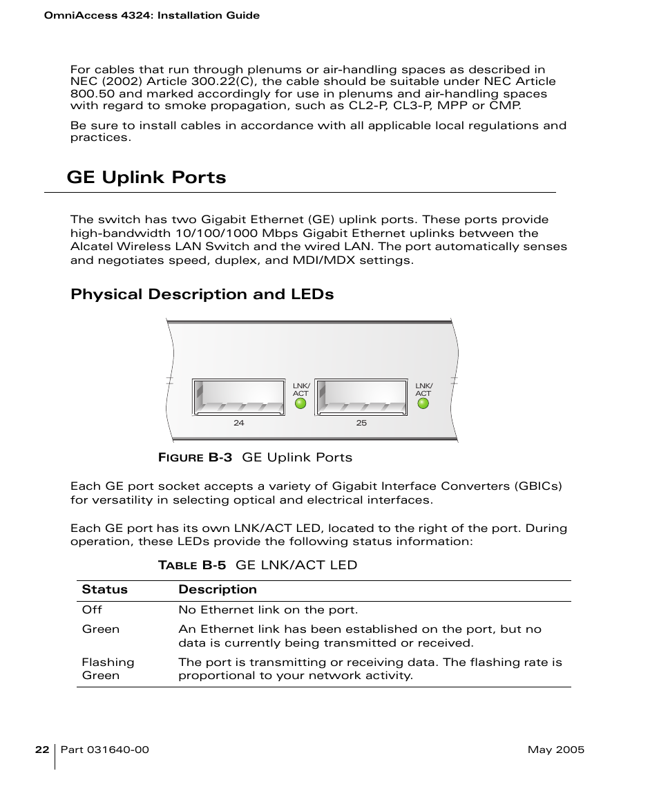 Ge uplink ports, Physical description and leds, For port | Alcatel Carrier Internetworking Solutions Alcatel OmniAccess 4324 User Manual | Page 36 / 44